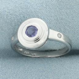 Natural Sapphire And Diamond Bezel Ring In 14k White Gold