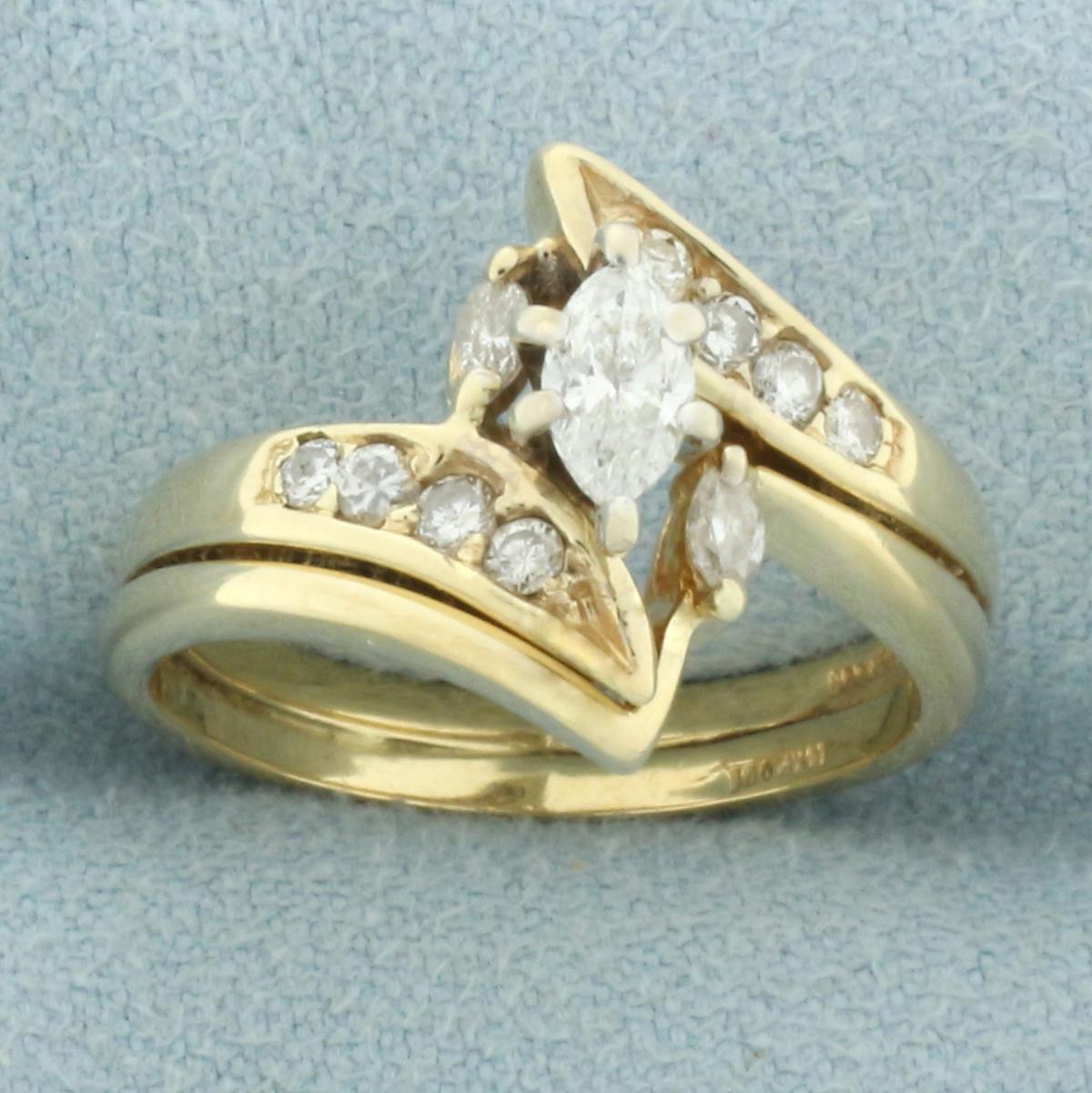 Marquise Diamond Bypass Engagement Wedding Ring In 14k Yellow Gold