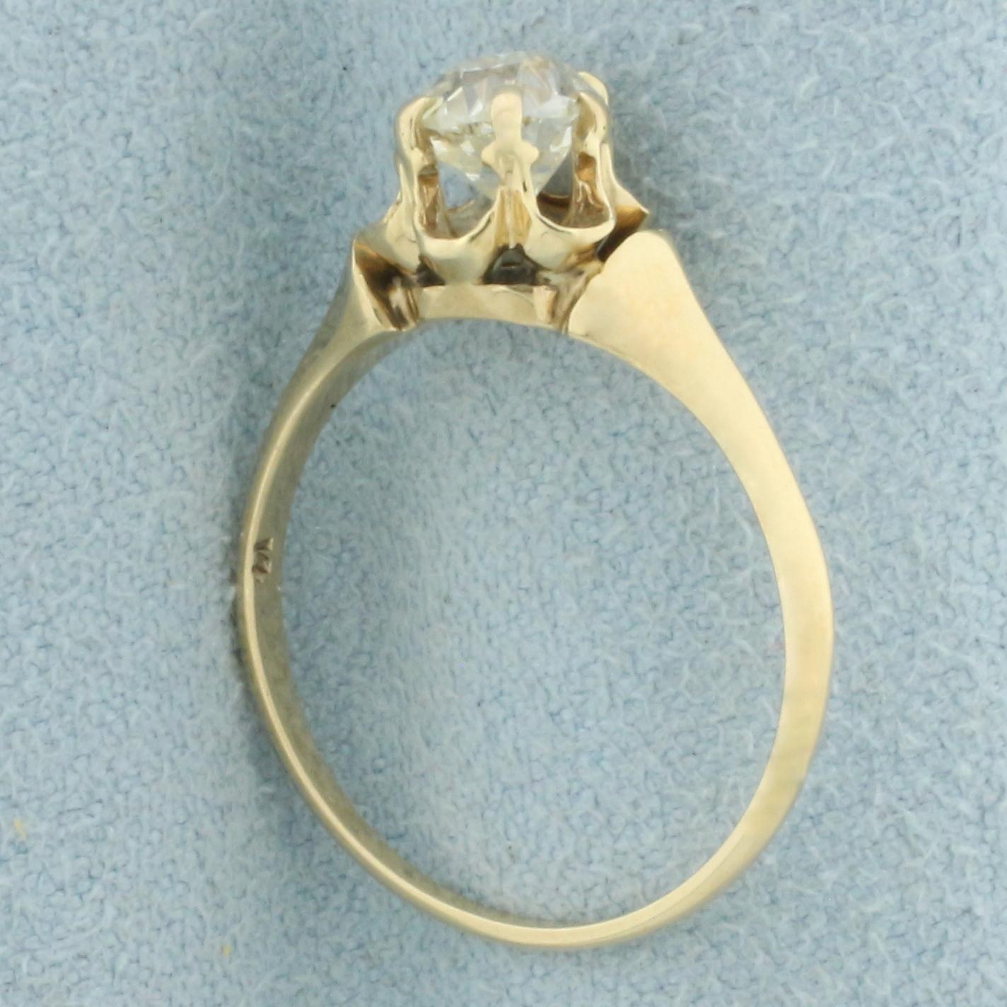 Antique 3/4ct Old Mine Cut Diamond Solitaire Engagement Ring In 14k Yellow Gold
