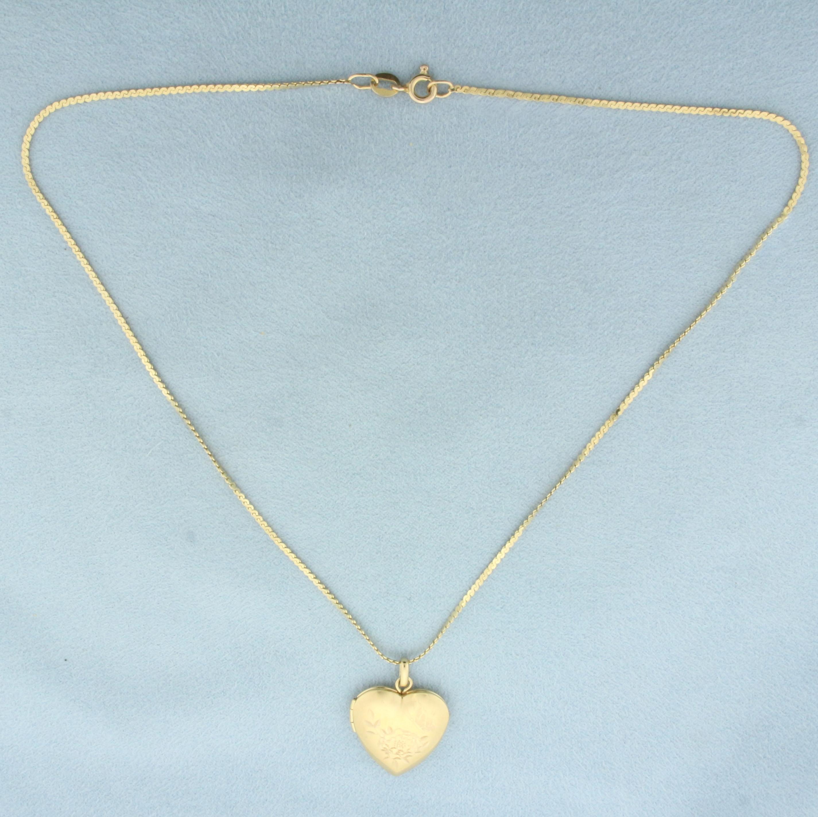 Butterfly And Rose Etched Heart Locket Necklace In 14k Yellow Gold