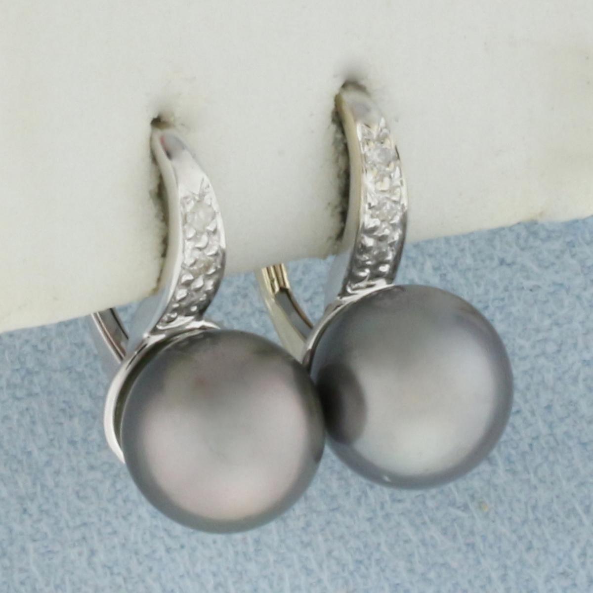 Tahitian Pearl And Diamond Earrings In 14k White Gold