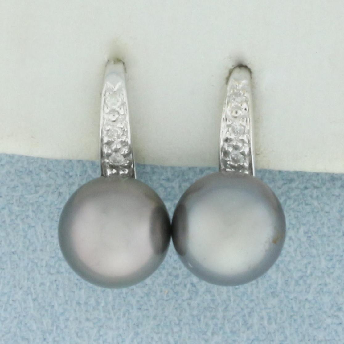 Tahitian Pearl And Diamond Earrings In 14k White Gold