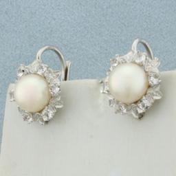 Cultured Pearl And Cz Earrings In 14k White Gold