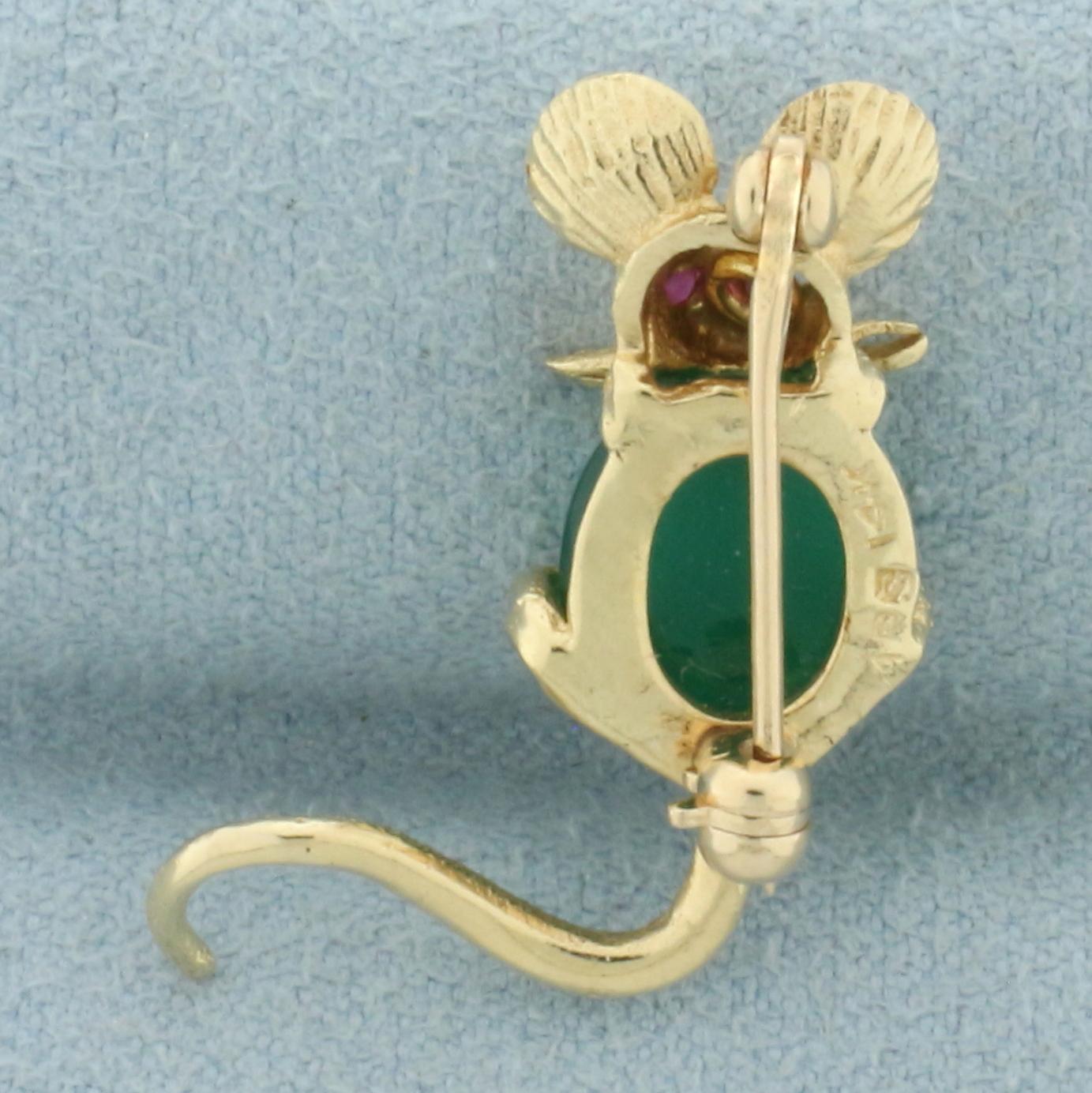 Emerald And Ruby Mouse Pin In 14k Yellow Gold