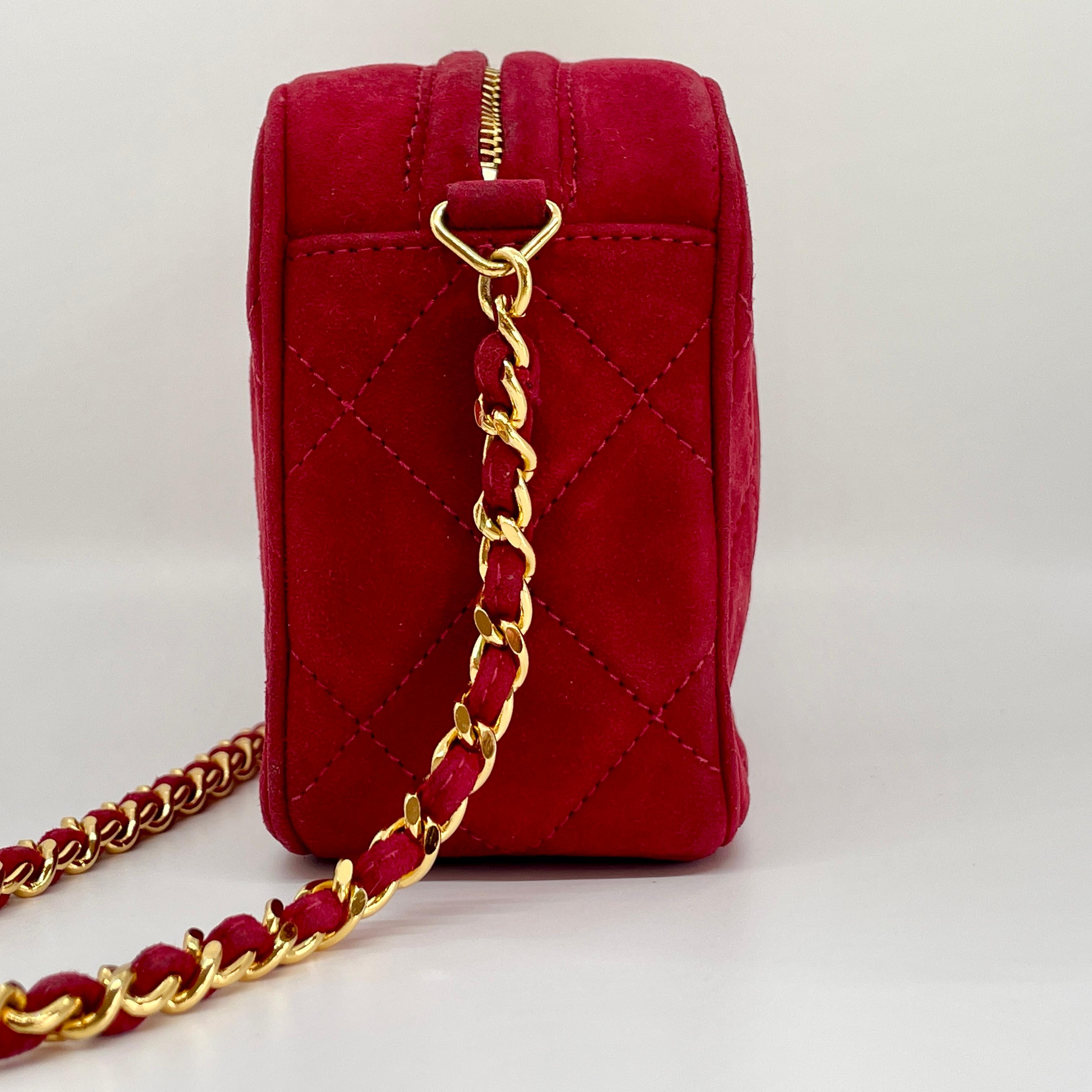 Chanel Classic Red Suede Crossbody Quilted Camera Bag