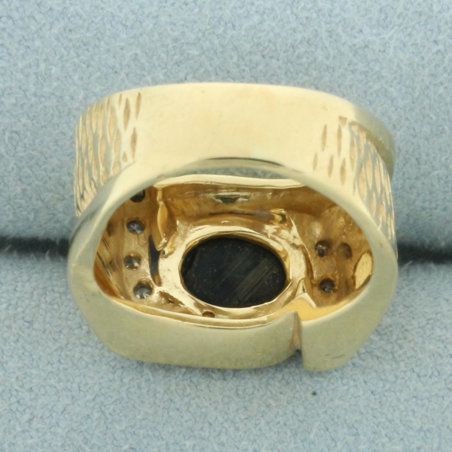Natural Black Star Sapphire And Diamond Ring In 14k Yellow Gold