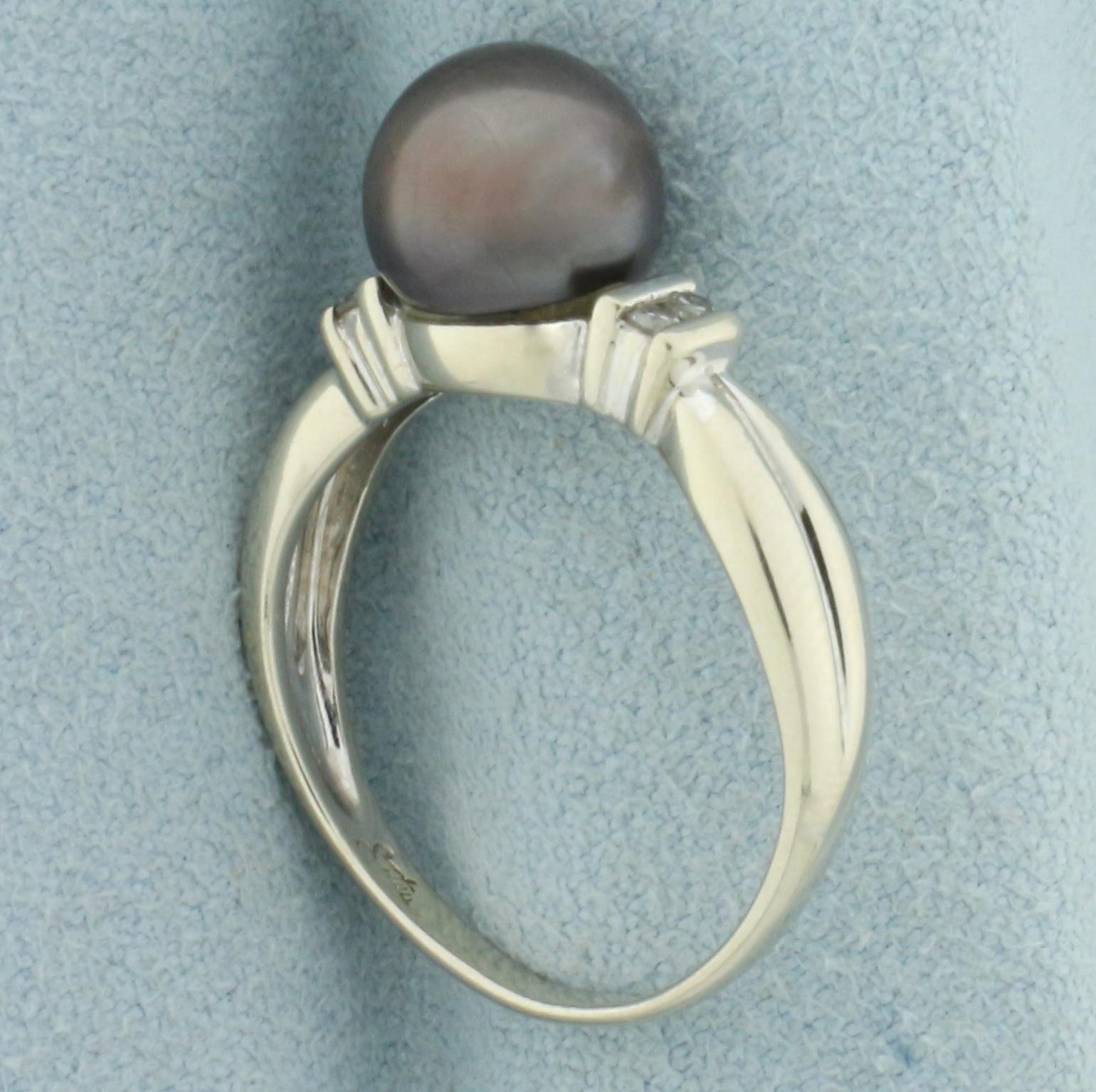 8mm Tahitian Pearl And Diamond Ring In 14k White Gold