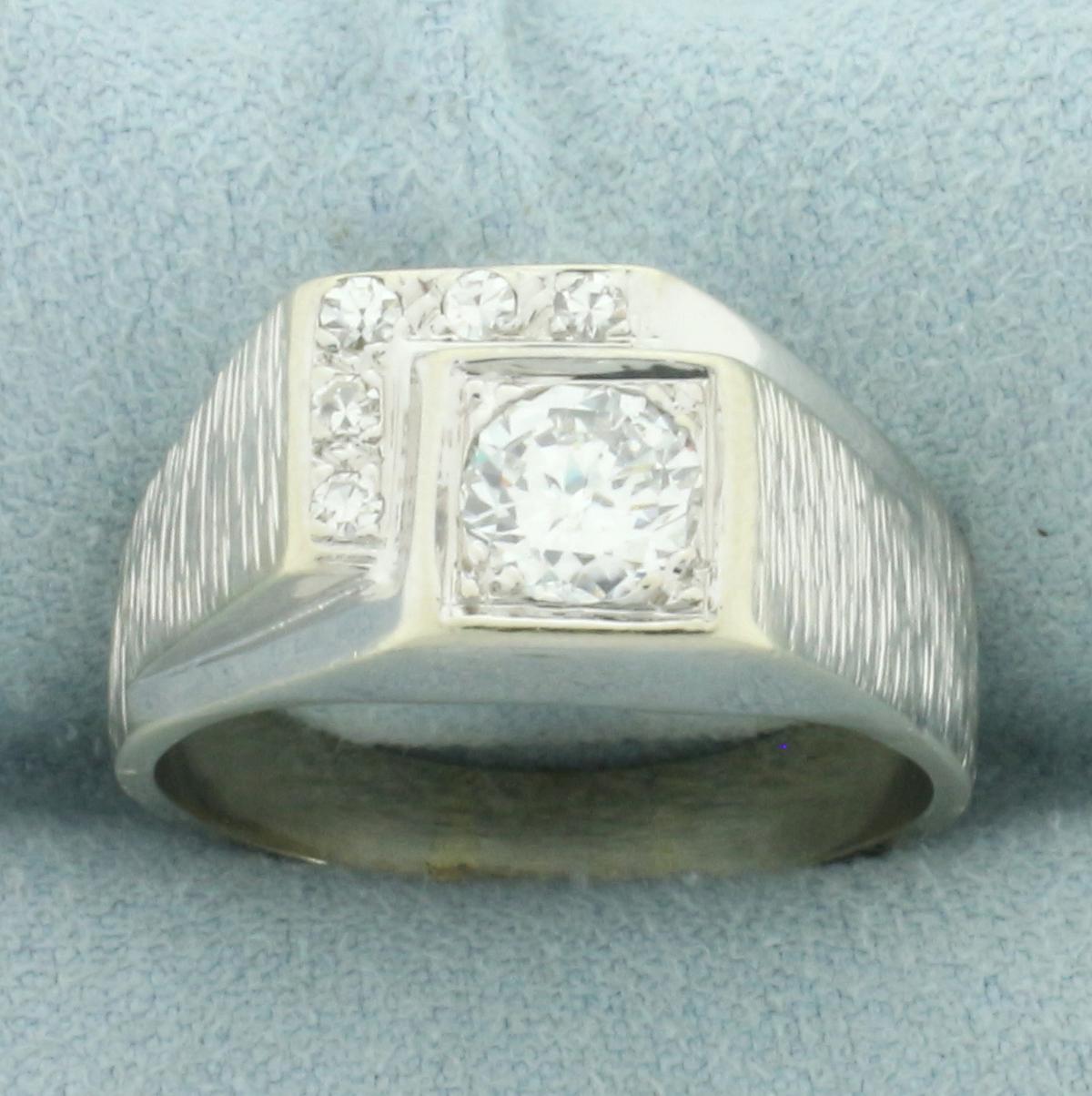 Mens Brushed Finish Diamond Ring In 14k White Gold