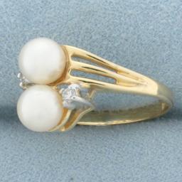 Cultured Akoya Pearl And Diamond Toi Et Moi Ring In 14k Yellow Gold