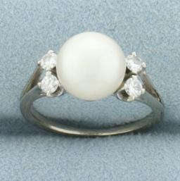 Akoya Pearl And Diamond Ring In 14k White Gold