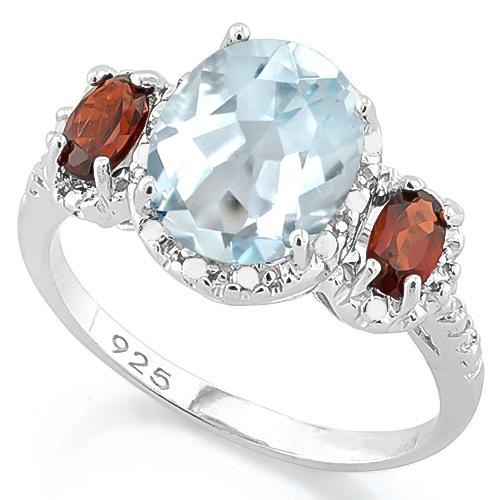 Aquamarine, Garnet, & Diamond Ring In Sterling Silver