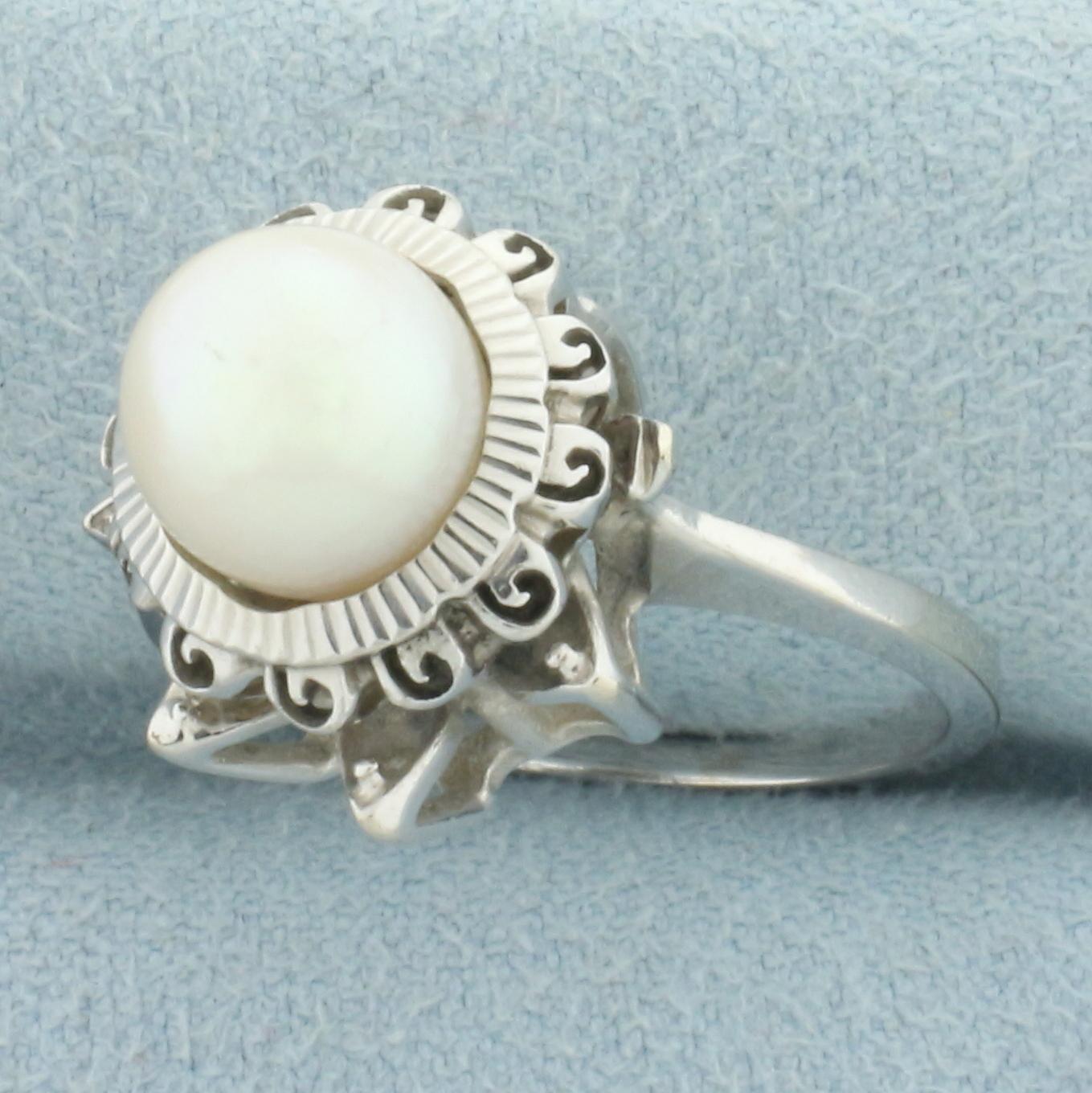 Vintage Cultured Akoya Pearl Crown Ring In 14k White Gold