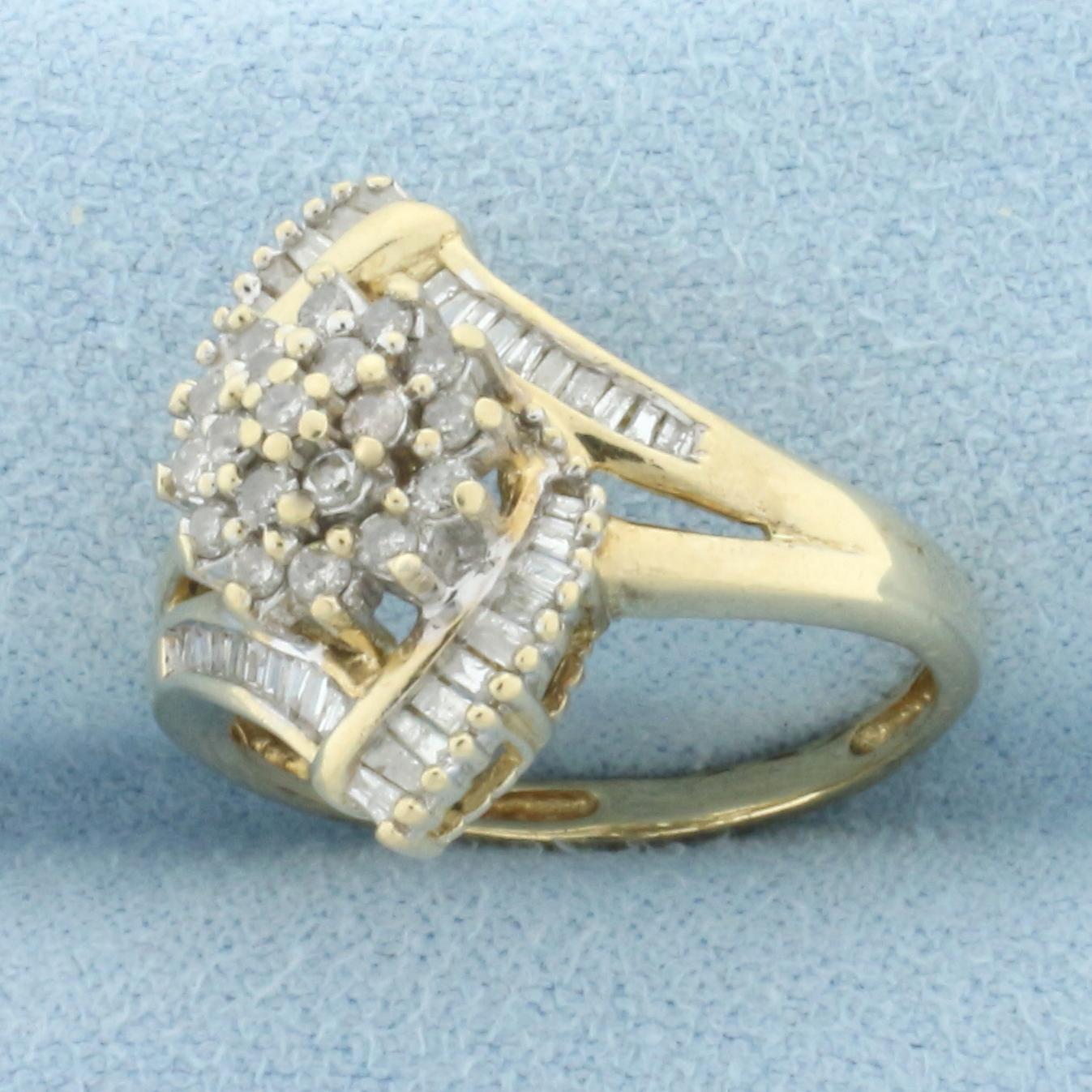 Baguette And Round Diamond Cocktail Ring In 10k Yellow Gold