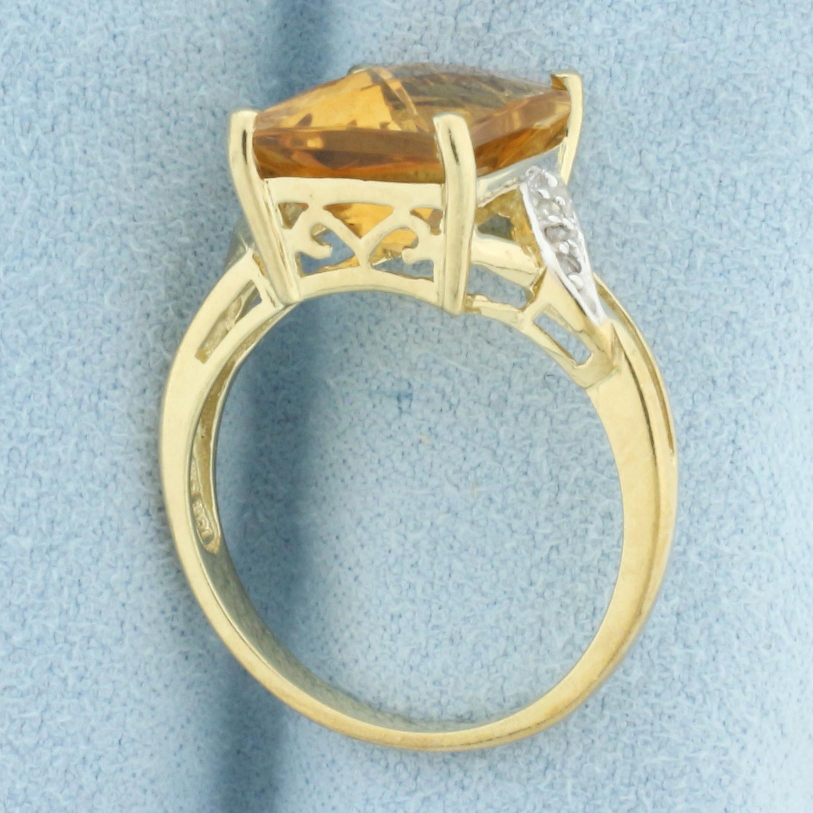 Checkerboard Cut Citrine And Diamond Ring In 10k Yellow Gold