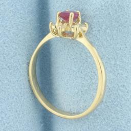 Ruby And Diamond Flower Ring In 10k Yellow Gold