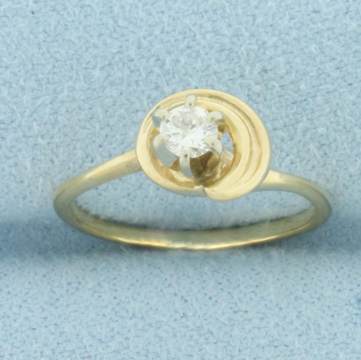 Diamond Solitaire Swirl Design Ring In 14k Yellow Gold