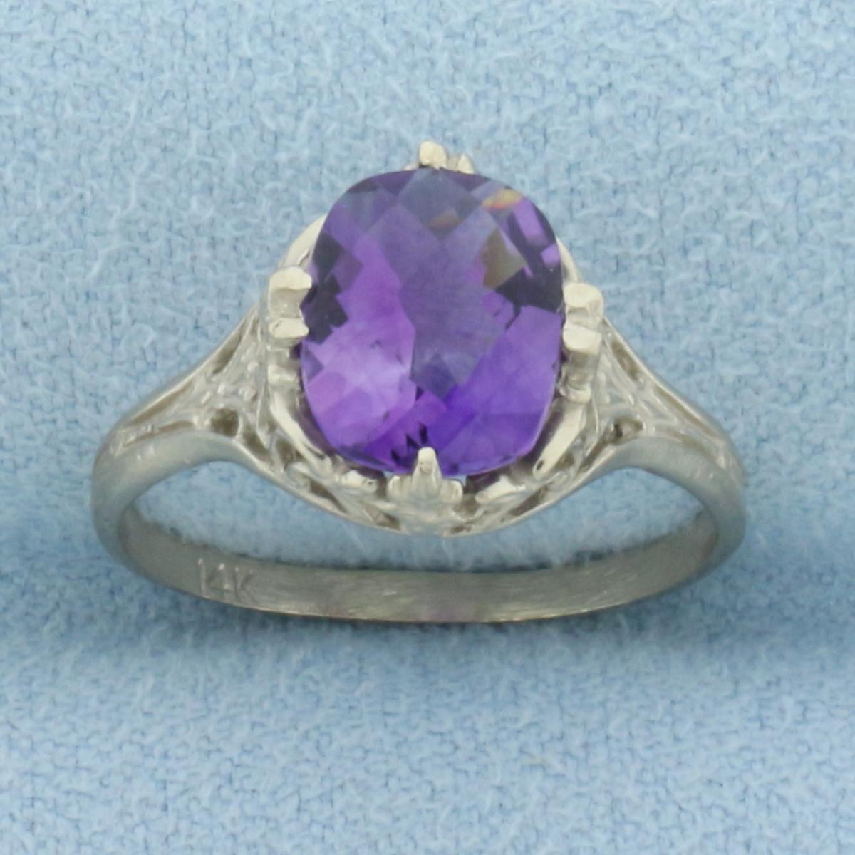 Vintage Amethyst Filigree Ring In 14k White Gold