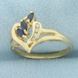 Sapphire And Diamond Heart Ring In 14k Yellow Gold