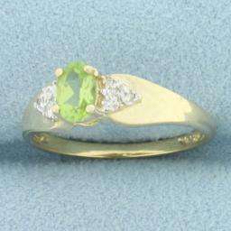 Peridot And Diamond Ring In 10k Yellow Gold