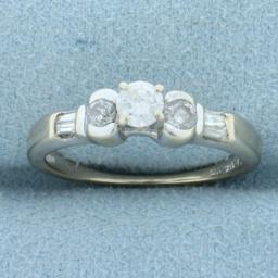 Vintage Round And Baguette Diamond Engagement Ring In 14k White Gold