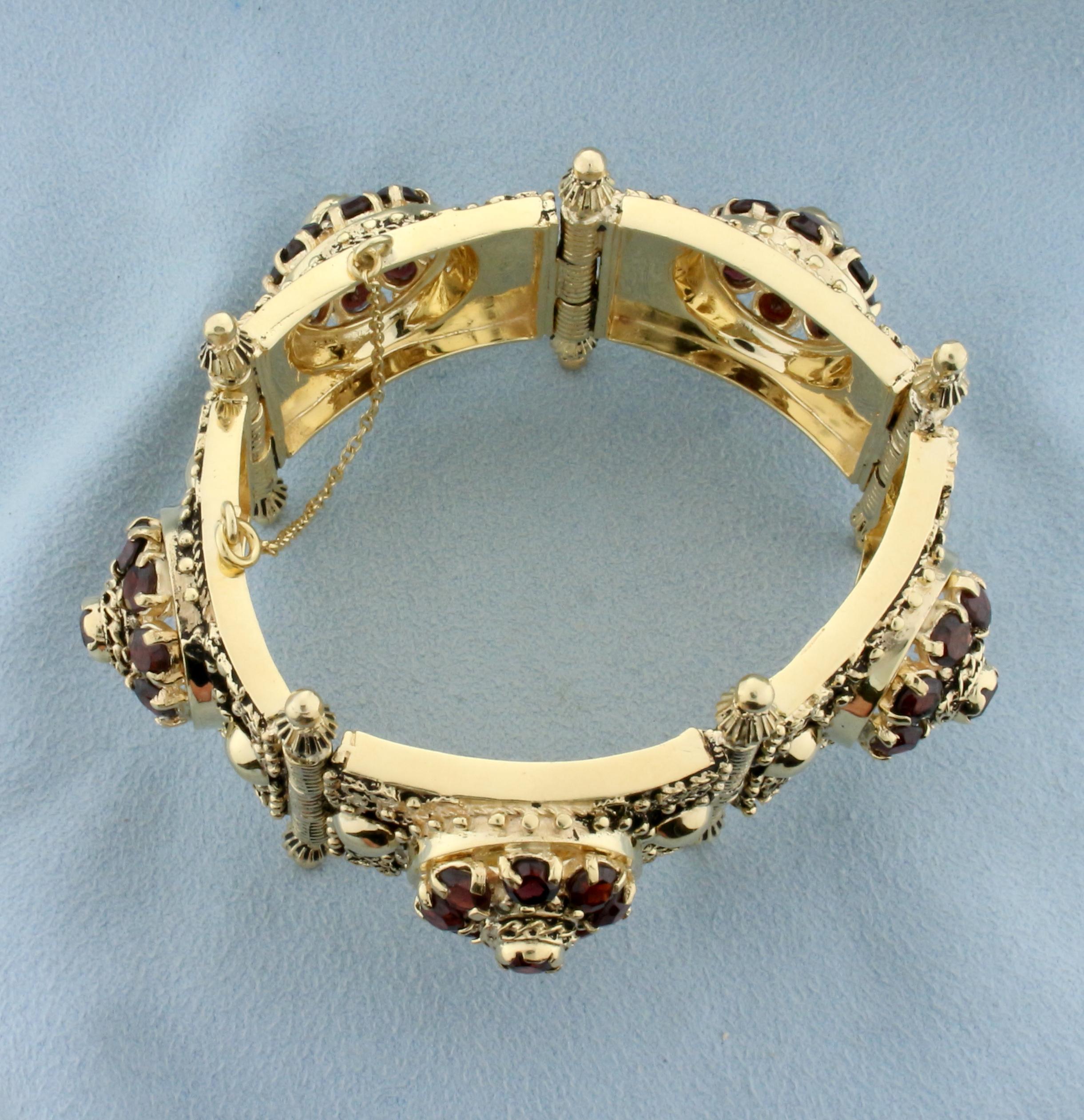 Heavy Antique Garnet Bracelet In 14k Yellow Gold