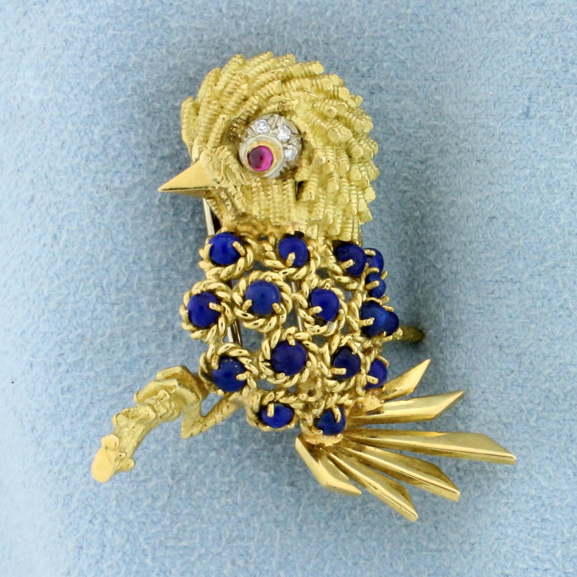 Italian Made Lapis, Ruby, And Diamond Bird Pin In 18k Yellow Gold