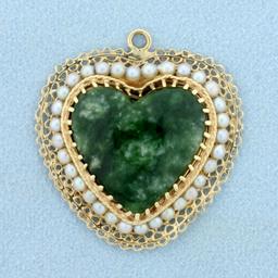 Vintage Jade And Pearl Heart Pendant In 14k Yellow Gold