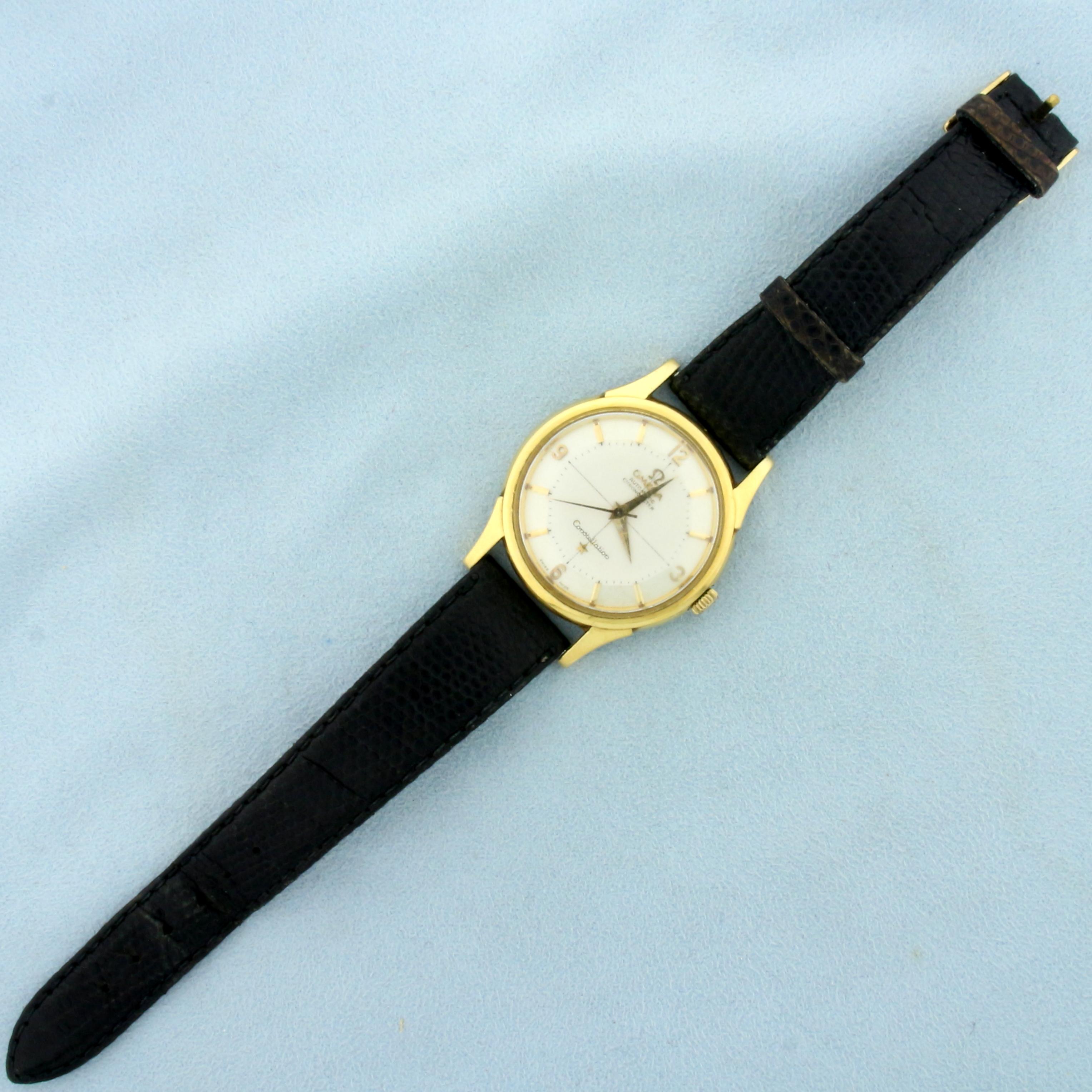 Vintage Mens Omega Constellation Automatic Chronometer Wrist Watch In 18k Yellow Gold Case