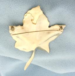Maple Leaf 1/3ct Diamond Brooch Or Pin In 14k Yellow Gold