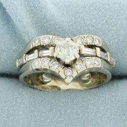 Vintage V Design Baguette And Round Diamond Engagement Ring In 14k Yellow Gold