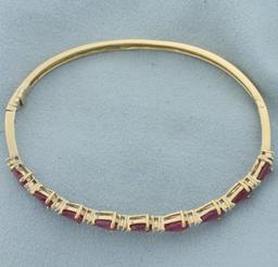 Ruby And Diamond Hinged Bangle Bracelet In 14k Yellow Gold