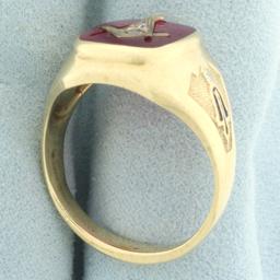 Vintage Lab Ruby Masonic Ring In 10k Yellow Gold