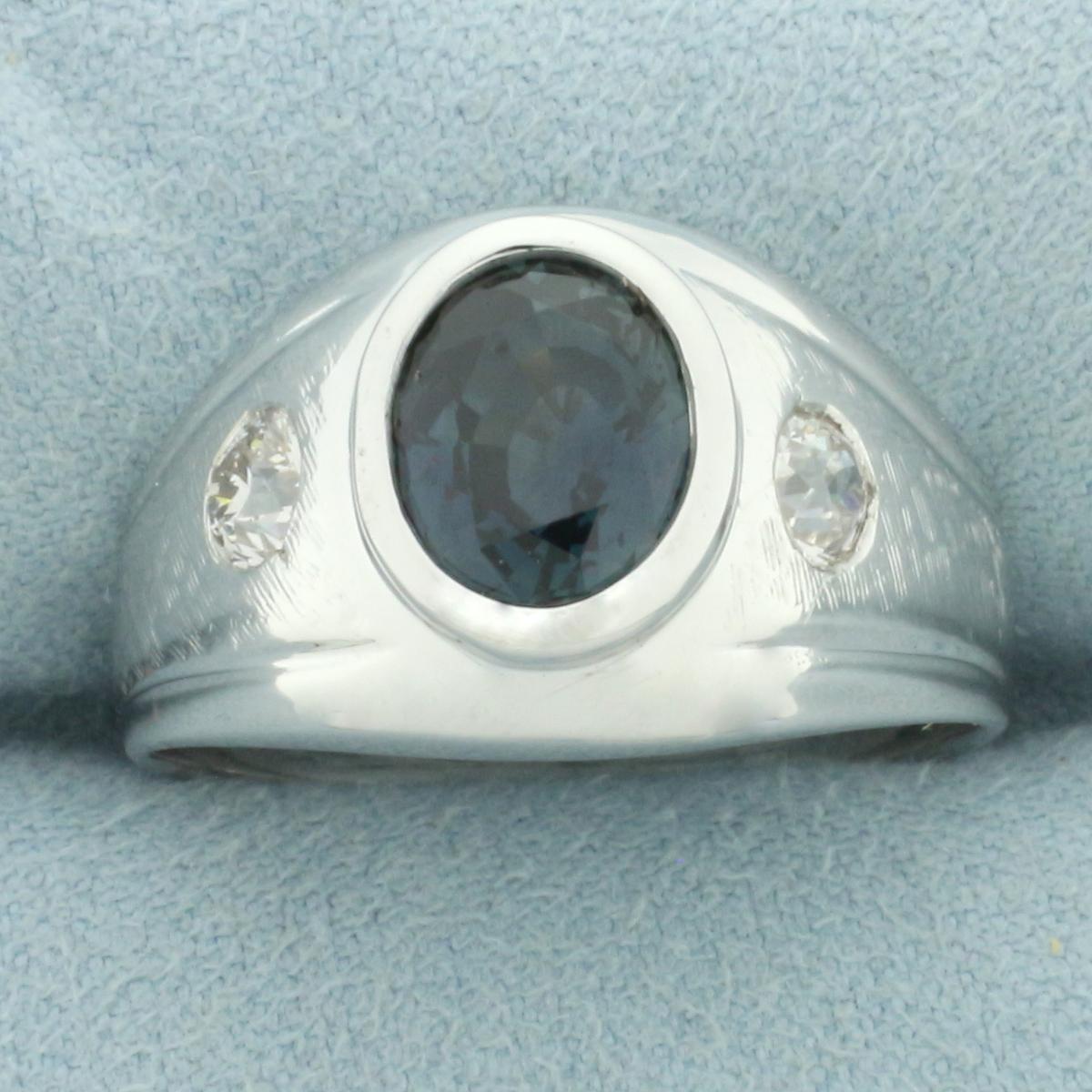 Mens Teal Sapphire And Old European Cut Diamond Ring In 14k White Gold