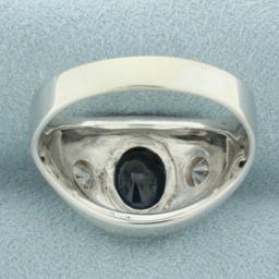 Mens Teal Sapphire And Old European Cut Diamond Ring In 14k White Gold