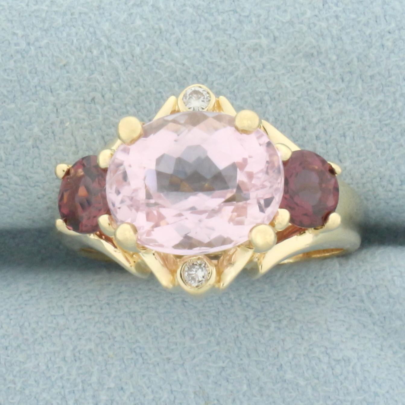 Morganite, Garnet, And Diamond Ring In 14k Yellow Gold