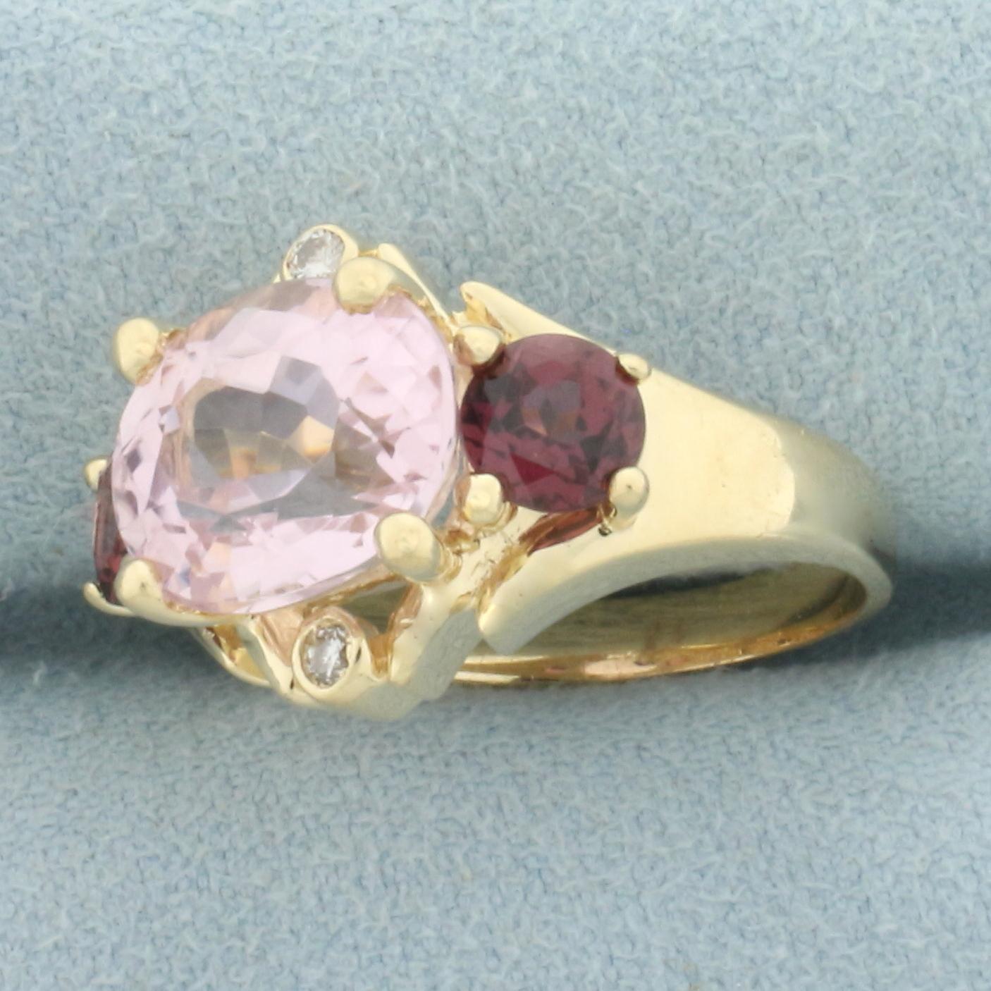 Morganite, Garnet, And Diamond Ring In 14k Yellow Gold