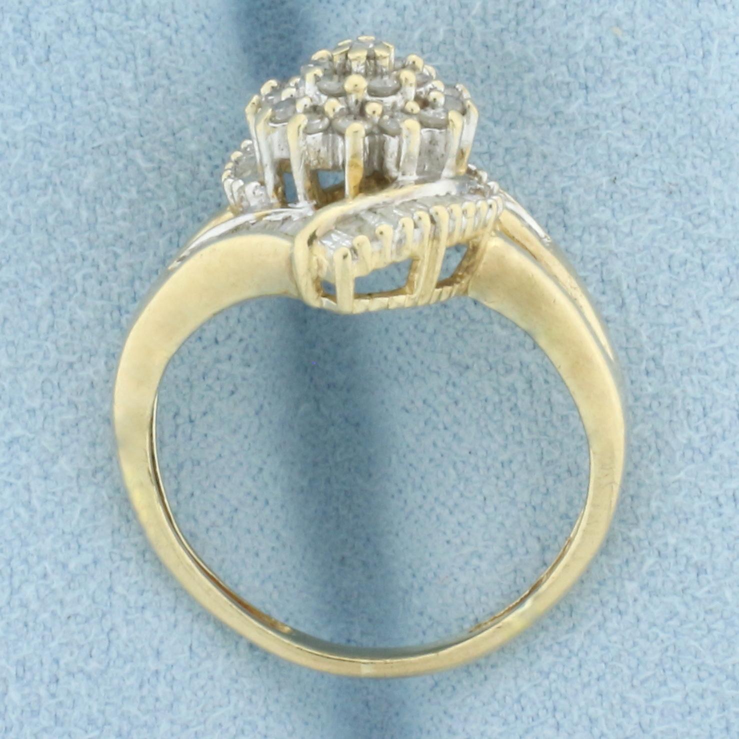 Baguette And Round Diamond Cocktail Ring In 10k Yellow Gold