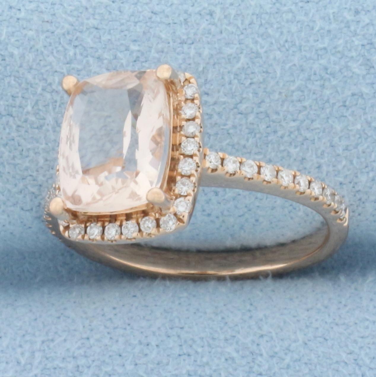 Morganite And Diamond Halo Ring In 14k Rose Gold