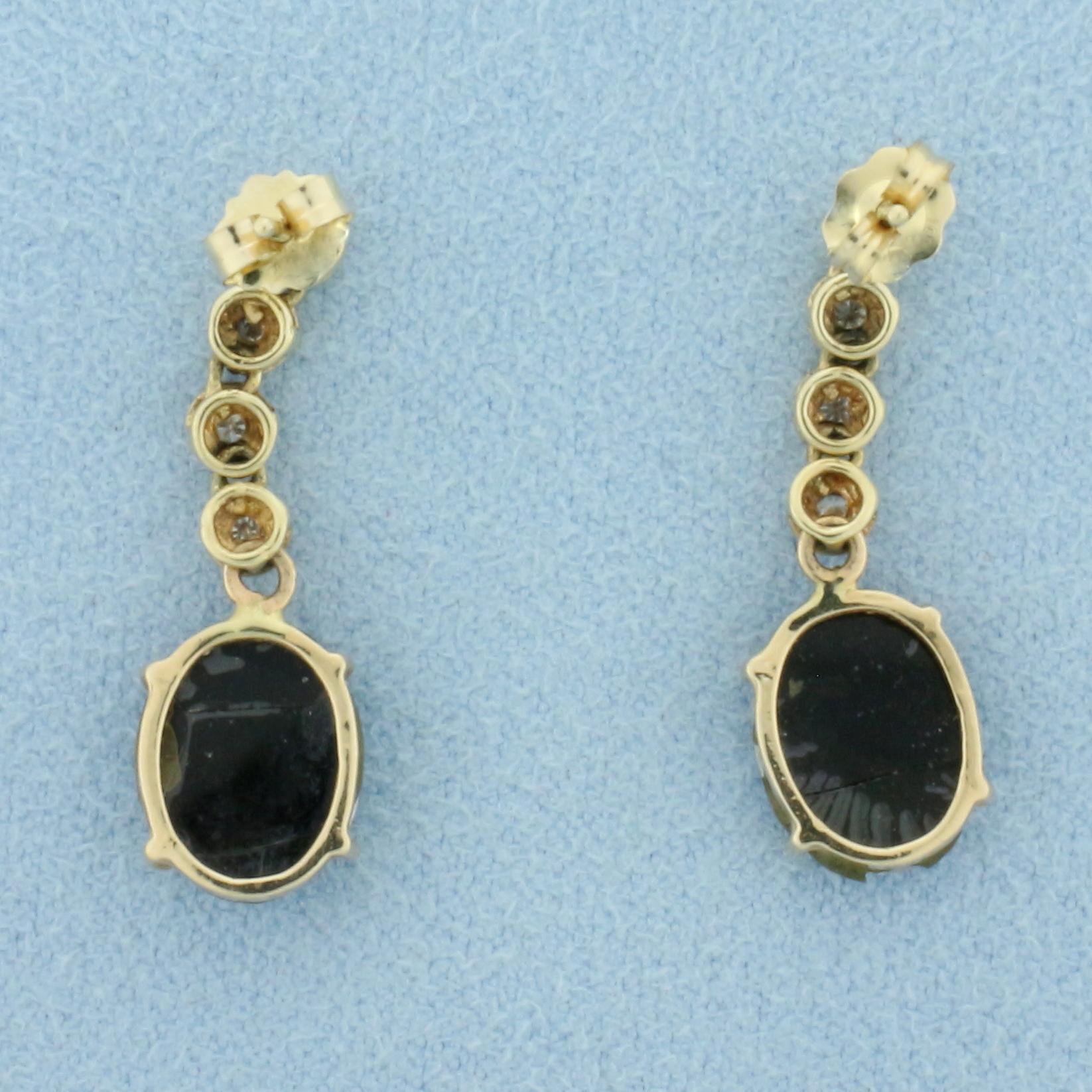 Australian Black Opal And Diamond Dangle Earrings In 14 Yellow Gold