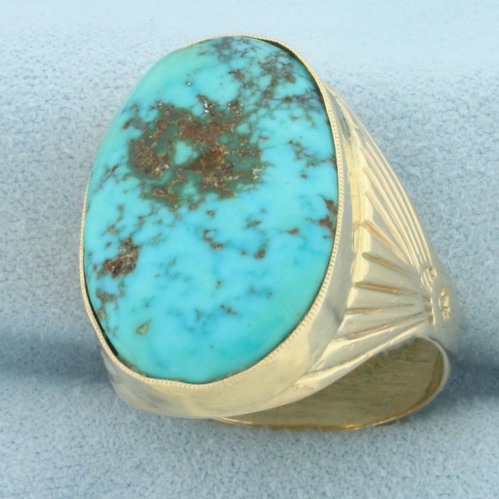 Mens Turquoise Statement Ring In 14k Yellow Gold