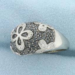 Black And White Diamond Pave Flower Ring In 14k White Gold