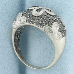 Black And White Diamond Pave Flower Ring In 14k White Gold