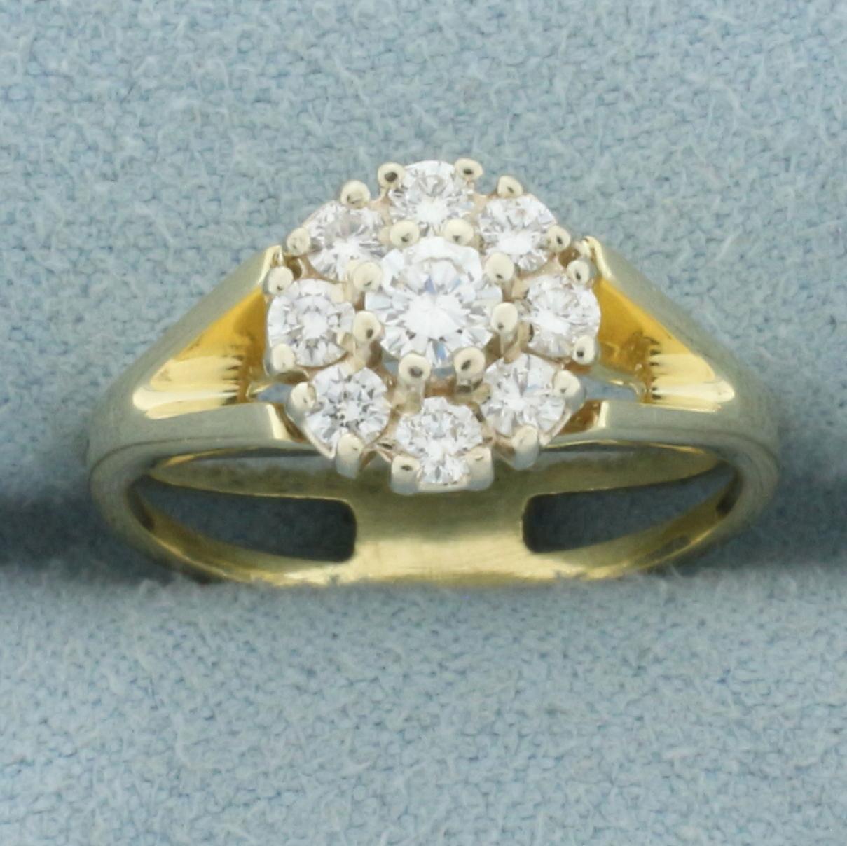 Flower Design Split Shank Diamond Ring In 14k Yellow Gold