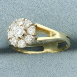 Flower Design Split Shank Diamond Ring In 14k Yellow Gold