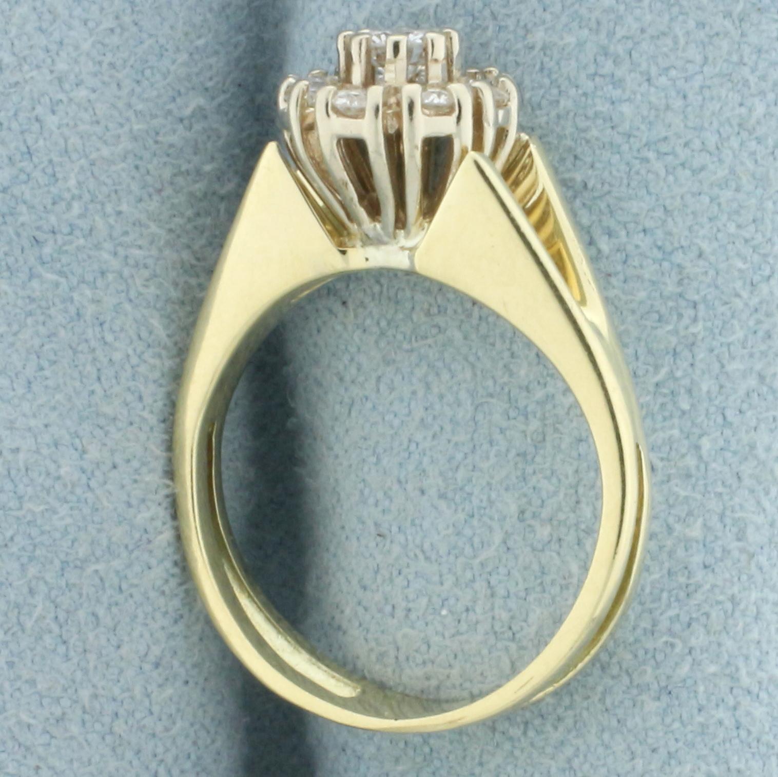 Flower Design Split Shank Diamond Ring In 14k Yellow Gold