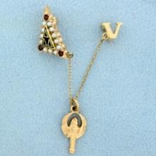 Vintage Acacia Fraternity Garnet And Pearl Pin In 10k Yellow Gold