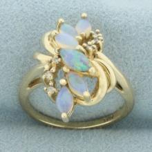 Opal And Diamond Vertical Spray Design Ring In 10k Yellow Gold