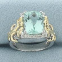 Fancy Checkerboard Cut Aquamarine And Diamond Ring In 14k White And Yellow Gold