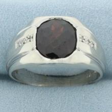 Mens Garnet And Diamond Ring In 10k White Gold