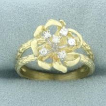 Diamond Flower Design Split Shank Ring In 14k Yellow Gold